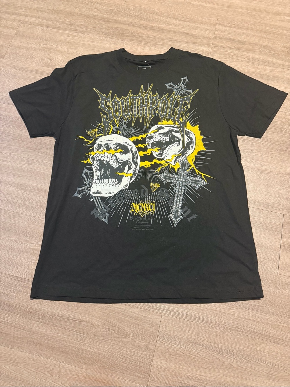 South Pole Black Graphic Skull Tee with Yellow Accents